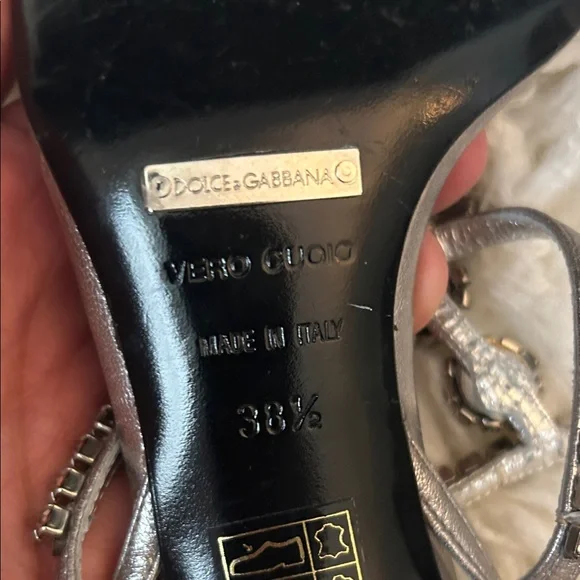 Dolce & Gabbana Silver Jeweled T-Strap Sandals with Green and Red Crystals 8.5 - Picture 6 of 8